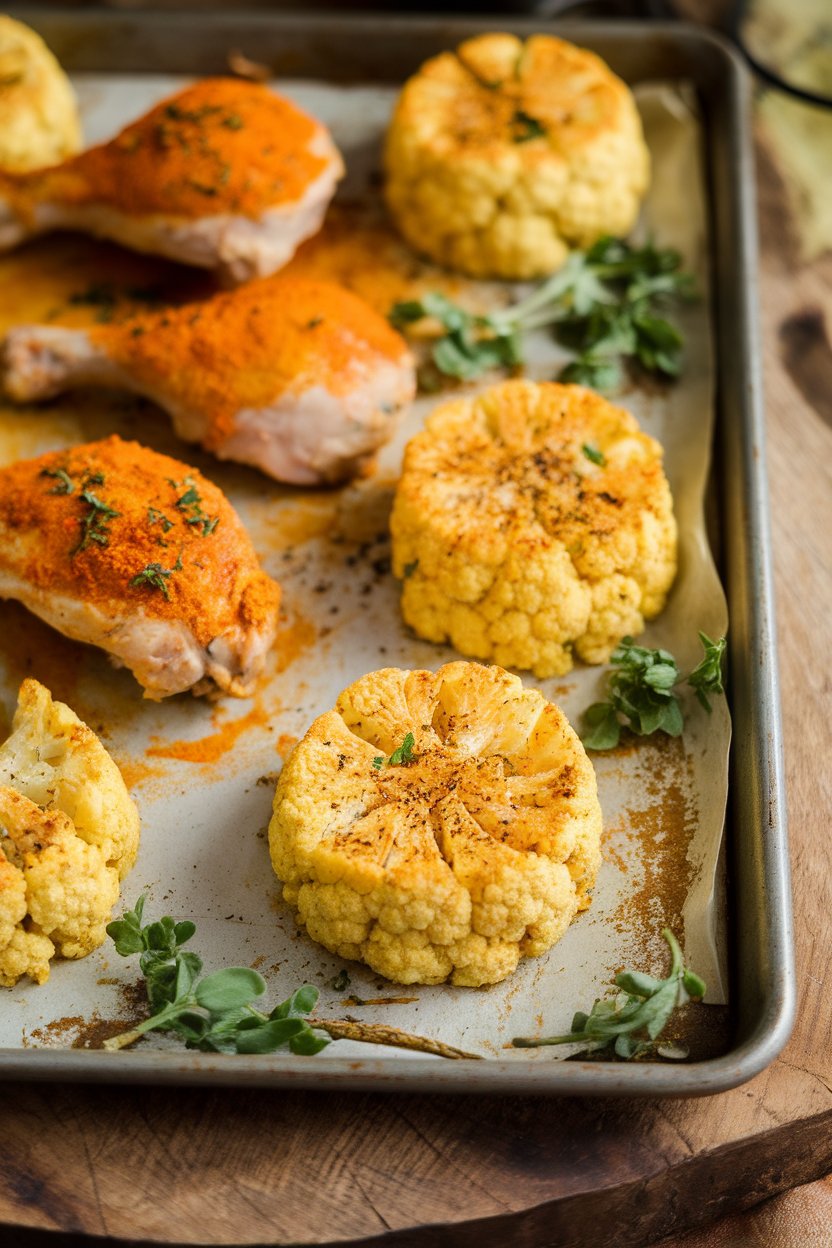 Indoor photo featuring turmeric-stained chicken pieces, mounds of roasted cauliflower rice seasoned with pepper on the same sheet pan. No text or logos.