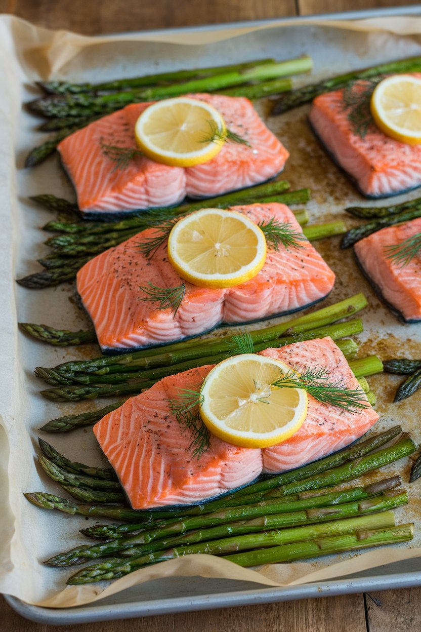 Indoor photo of a parchment-lined sheet pan holding four cooked salmon fillets topped with lemon slices and dill, surrounded by bright green roasted asparagus spears. No text or logos anywhere.