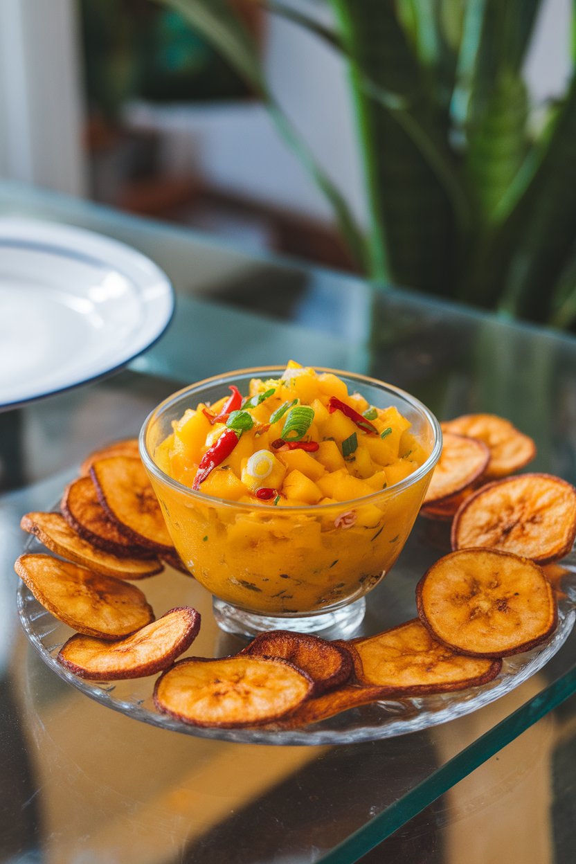 Photo of bright mango salsa in a glass bowl surrounded by baked plantain chips on an indoor coffee table. No text or logos.