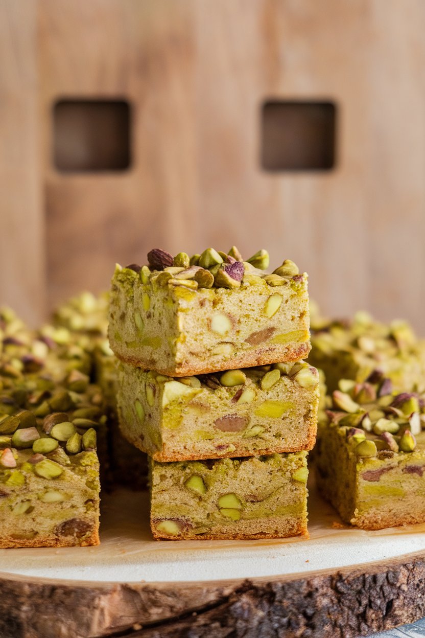 Square pistachio blondies stacked on an indoor wooden board, green nut pieces visible in the golden bars. Photo only, no text or logos.