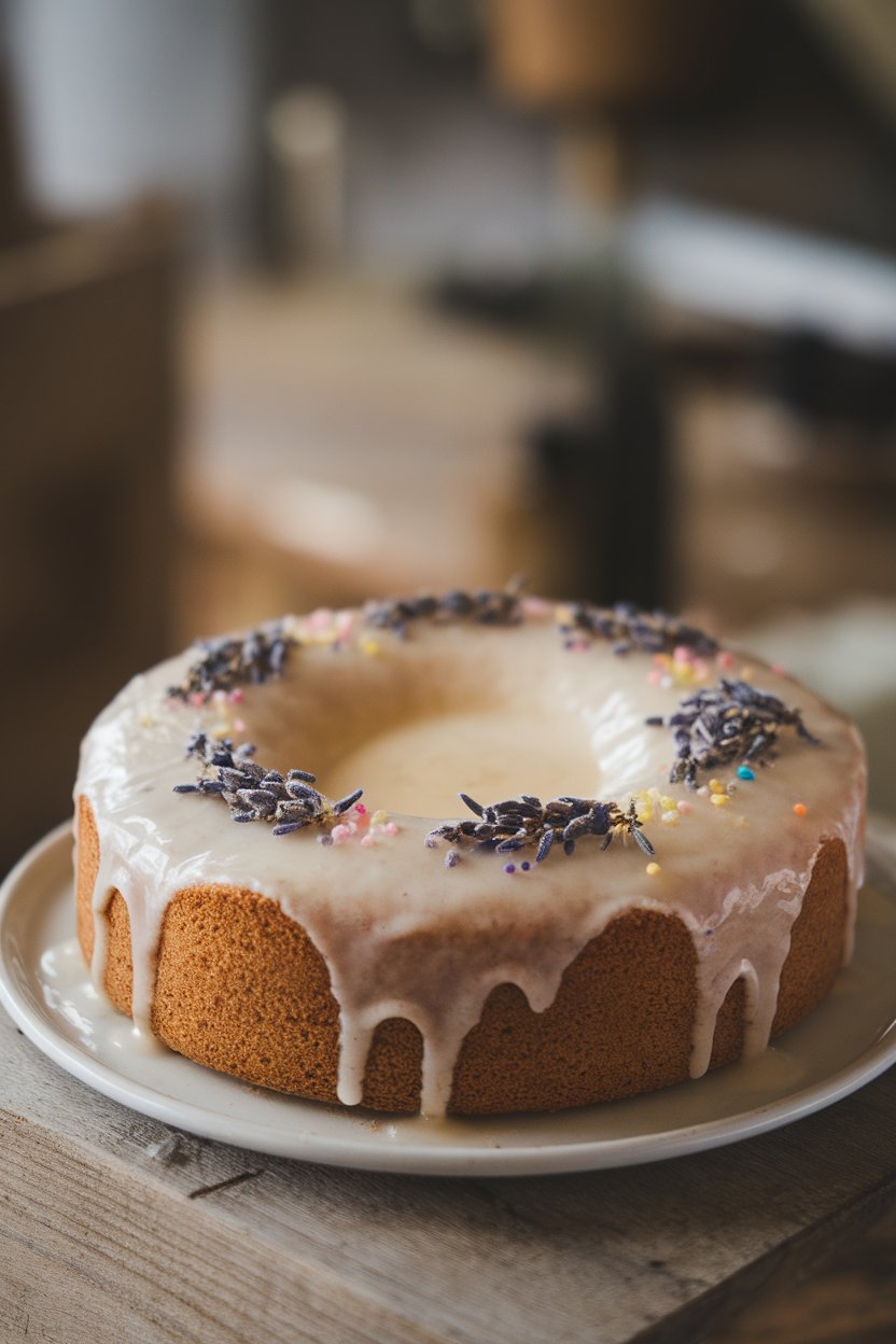 Indoor picture of a cake lightly glazed, sprinkled with dried edible lavender buds and colored sugars; no text or logos.