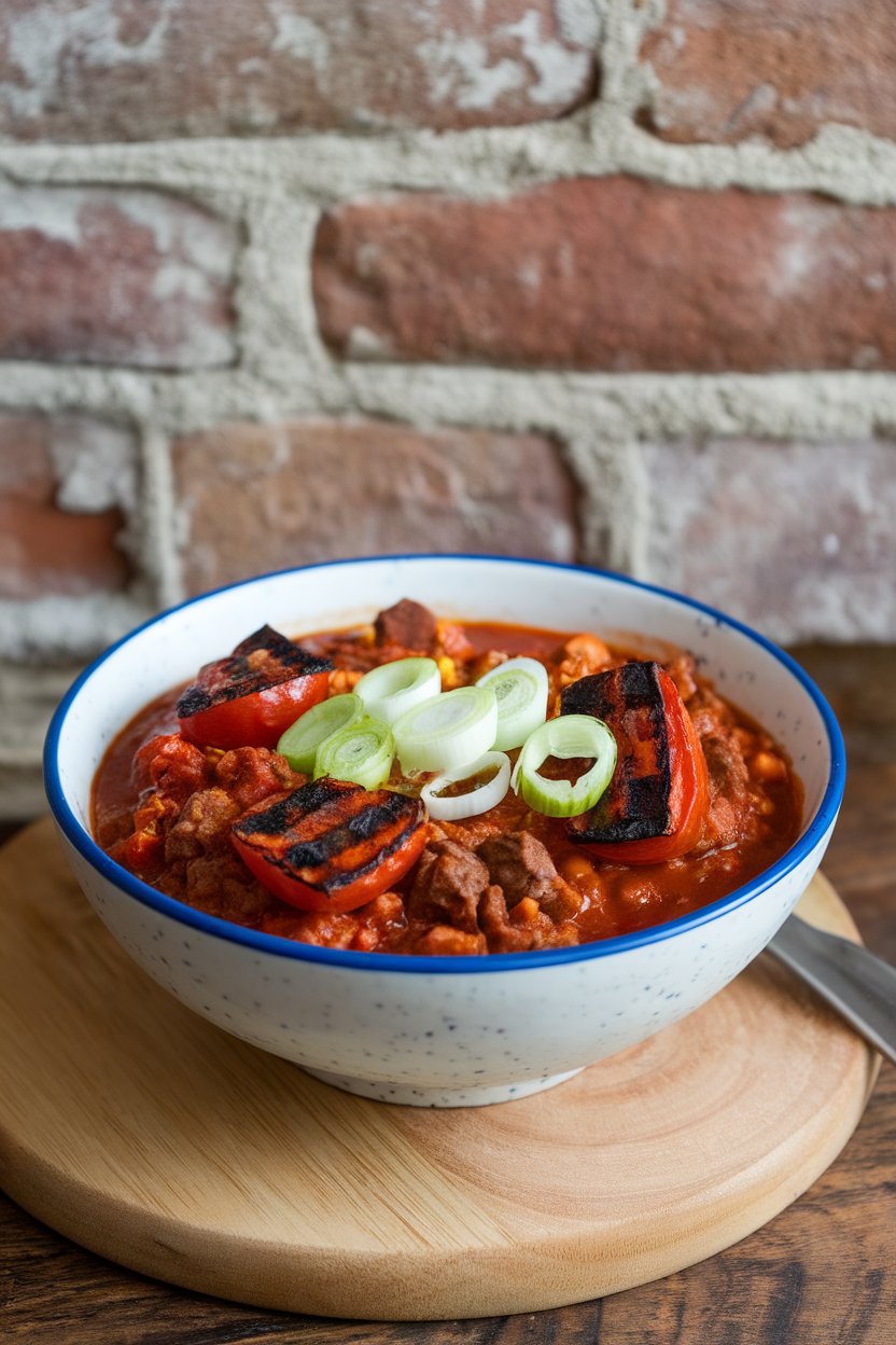 An indoor scene with a bowl of beef chili featuring charred tomato pieces, garnished with sliced scallions. No text or logos.