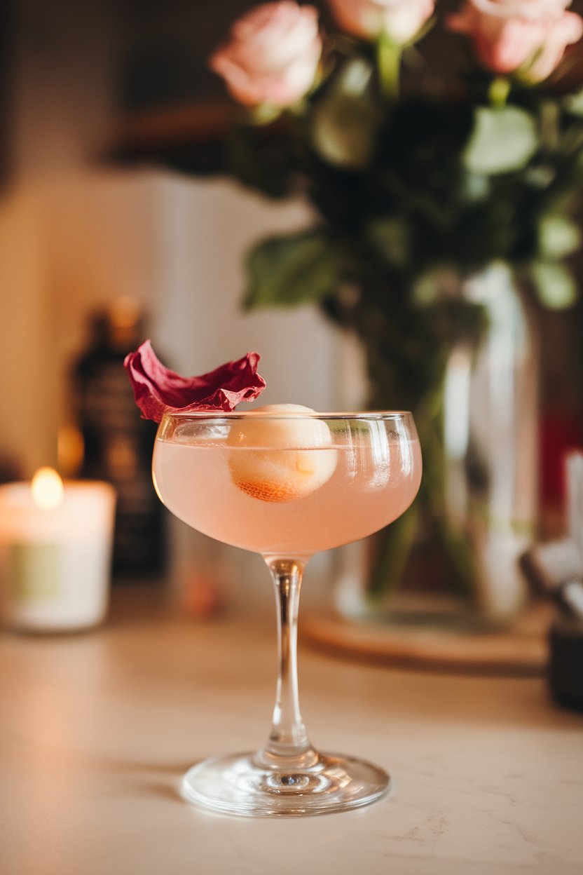Indoor bar with a coupe glass of pale pink mocktail, floating lychee fruit, dried rose petal on rim. No text or logos.