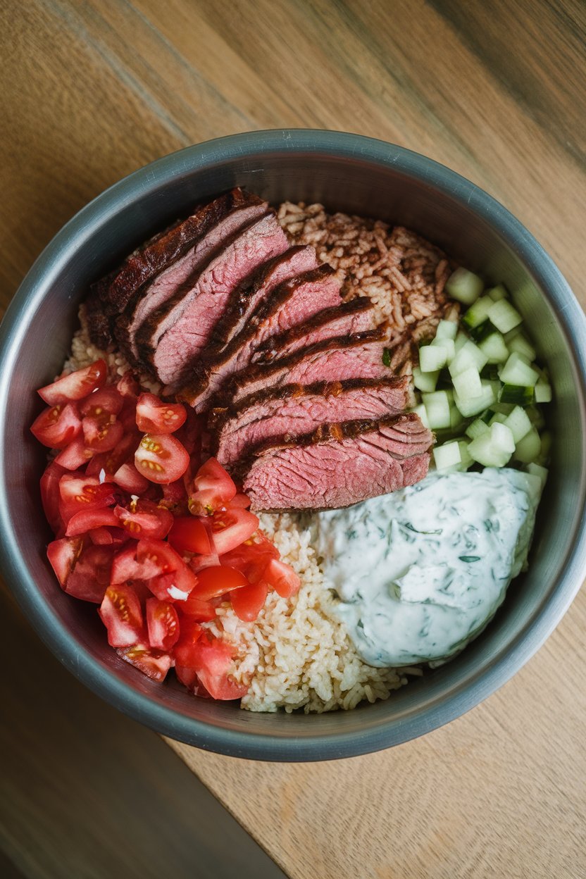 Indoor photo of sliced gyro-style beef, brown rice, diced tomatoes, cucumber, and tzatziki in a prep bowl, no logos.