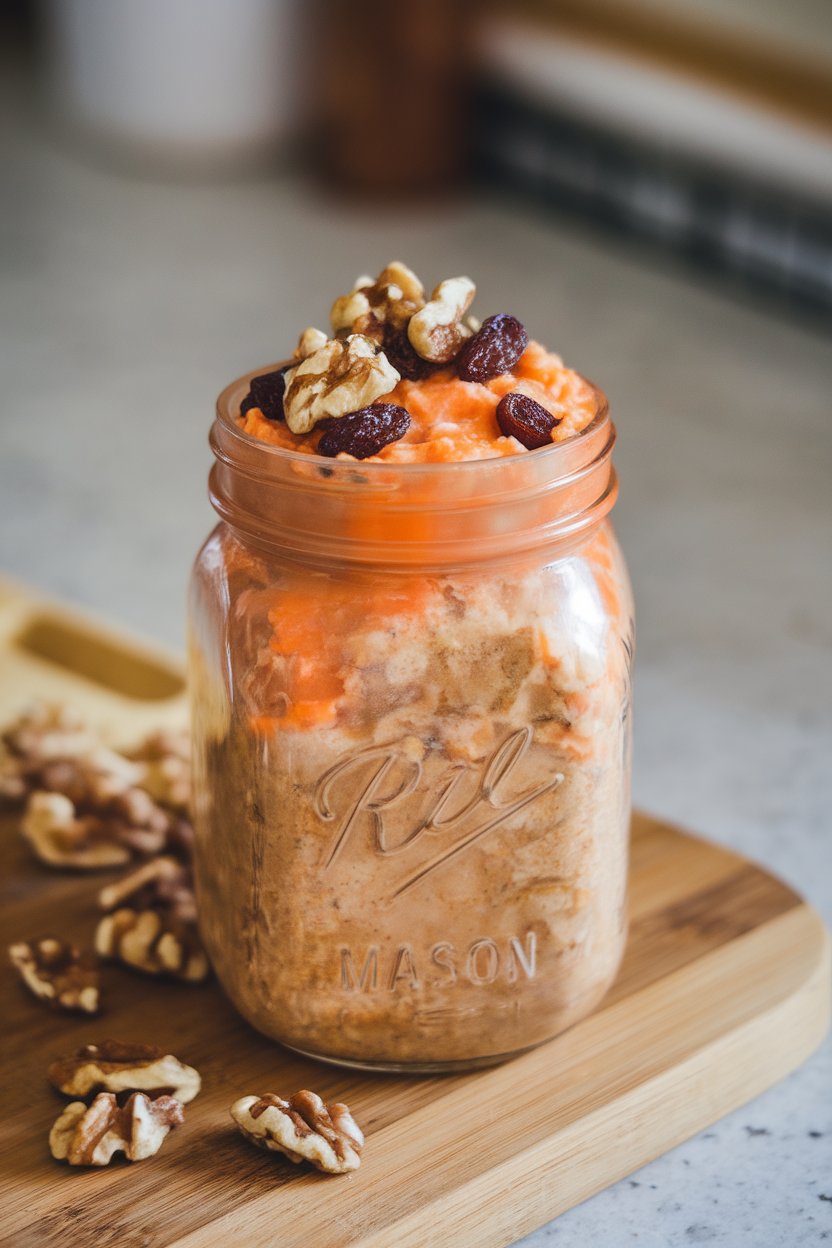 Indoor countertop with mason jar-style portions of thick carrot oatmeal featuring walnut pieces and raisins, no logos.
