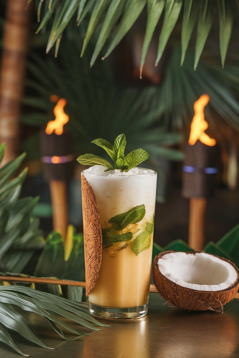 Indoor tiki bar with a tall glass of creamy coconut mojito, mint sprig, toasted coconut rim on half the glass, no text or logos. Photo only.