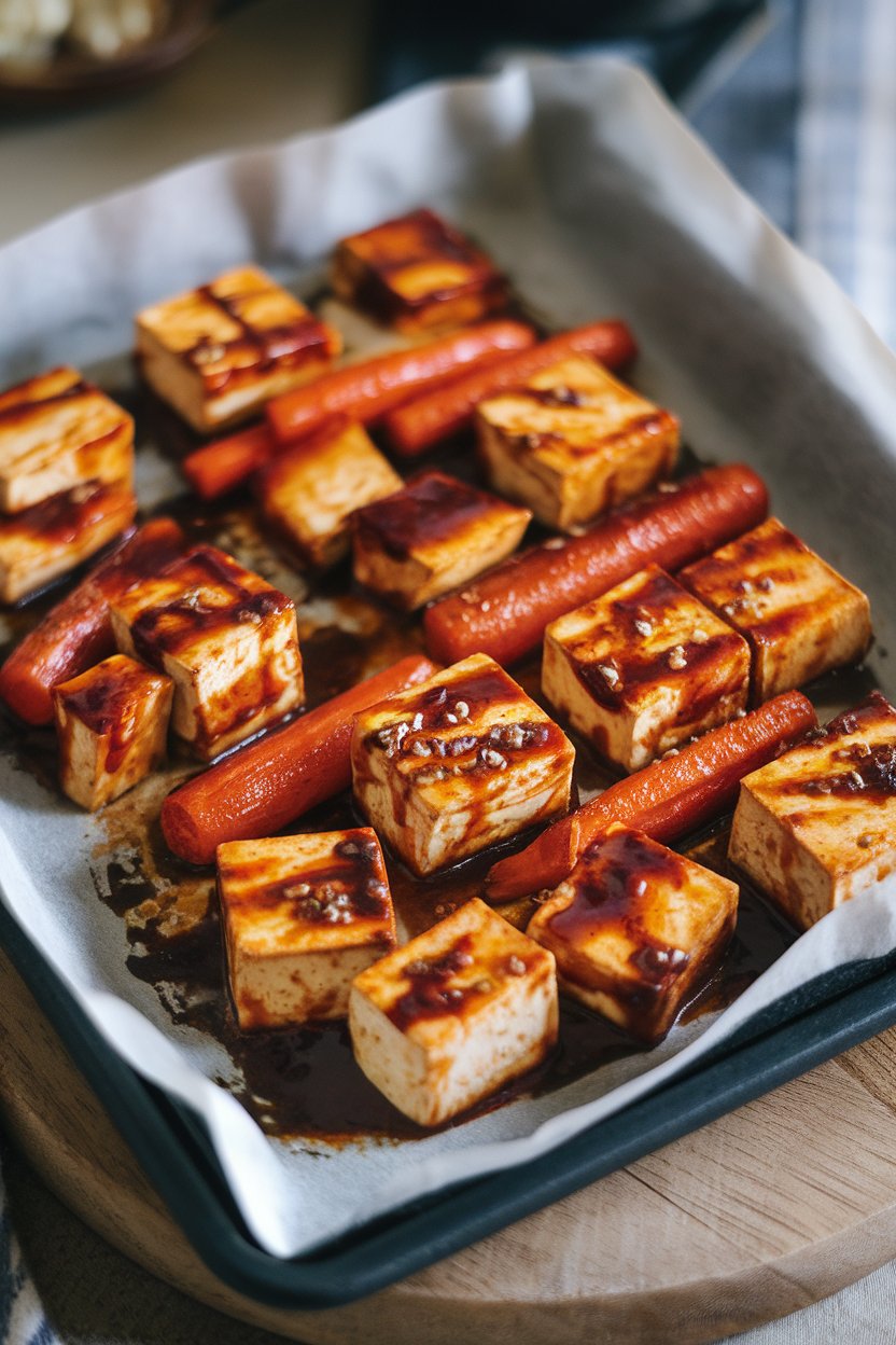 Indoor photo of tofu cubes and carrot sticks coated in gochujang sauce roasting on a parchment-lined pan. No text or logos.