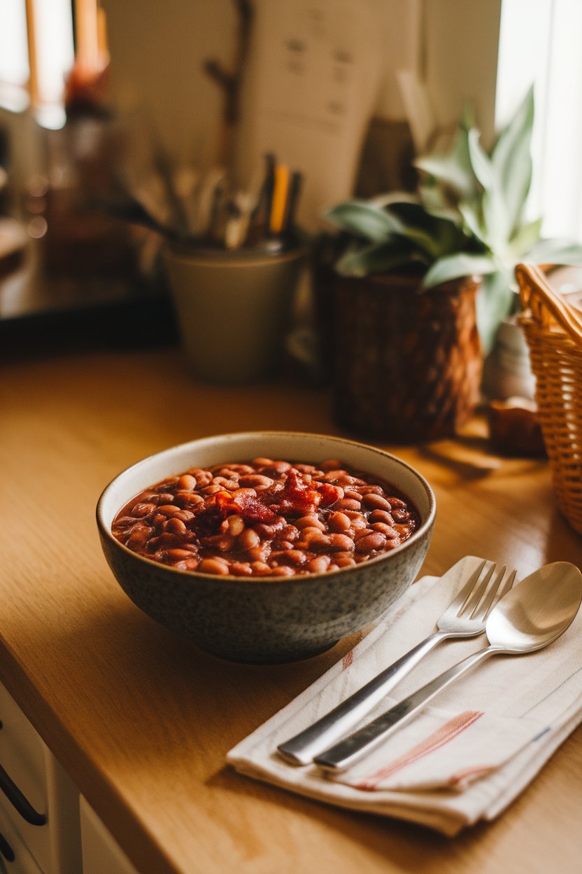 A warmly lit indoor counter featuring a bowl of bean chili with visible bacon bits and a drizzle of maple syrup. No text or logos.