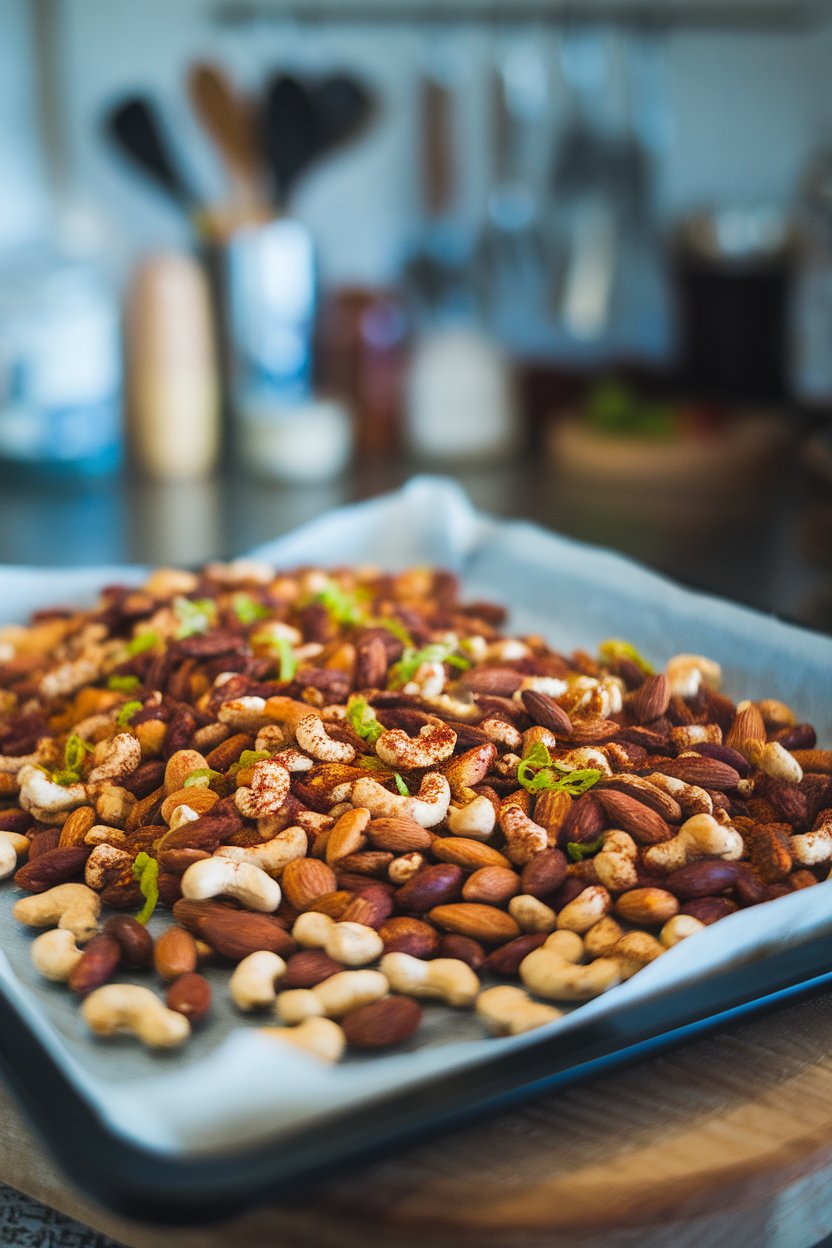 Indoor photo of mixed nuts coated in chili powder and lime zest on a baking sheet, no text or logos.