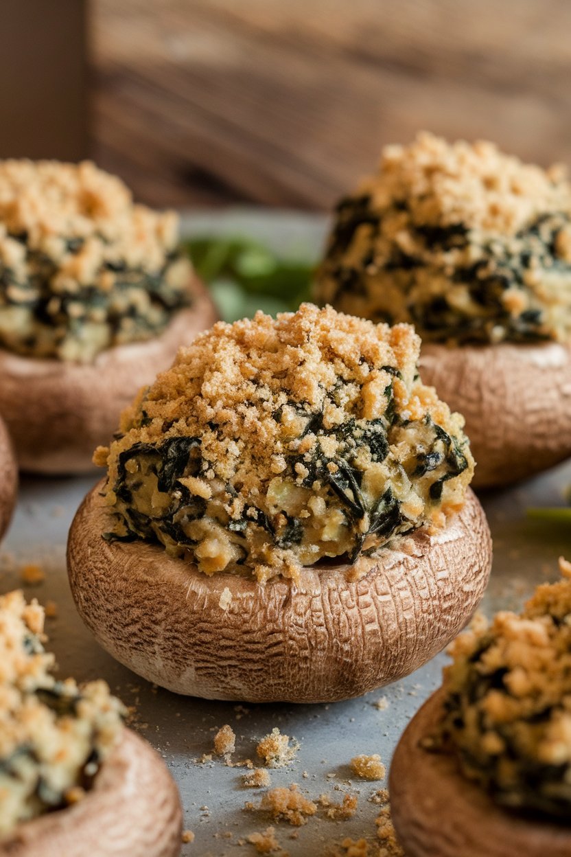 An indoor appetizer platter showing large baked mushroom caps overflowing with turkey-spinach filling and topped with fine whole-wheat breadcrumb dusting. No text or logos included.