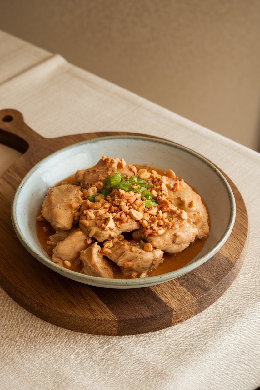 An indoor dining table showing a shallow bowl of cooked chicken pieces in a light peanut-ginger sauce, topped with crushed peanuts and green onion; no text or logos; photo only.