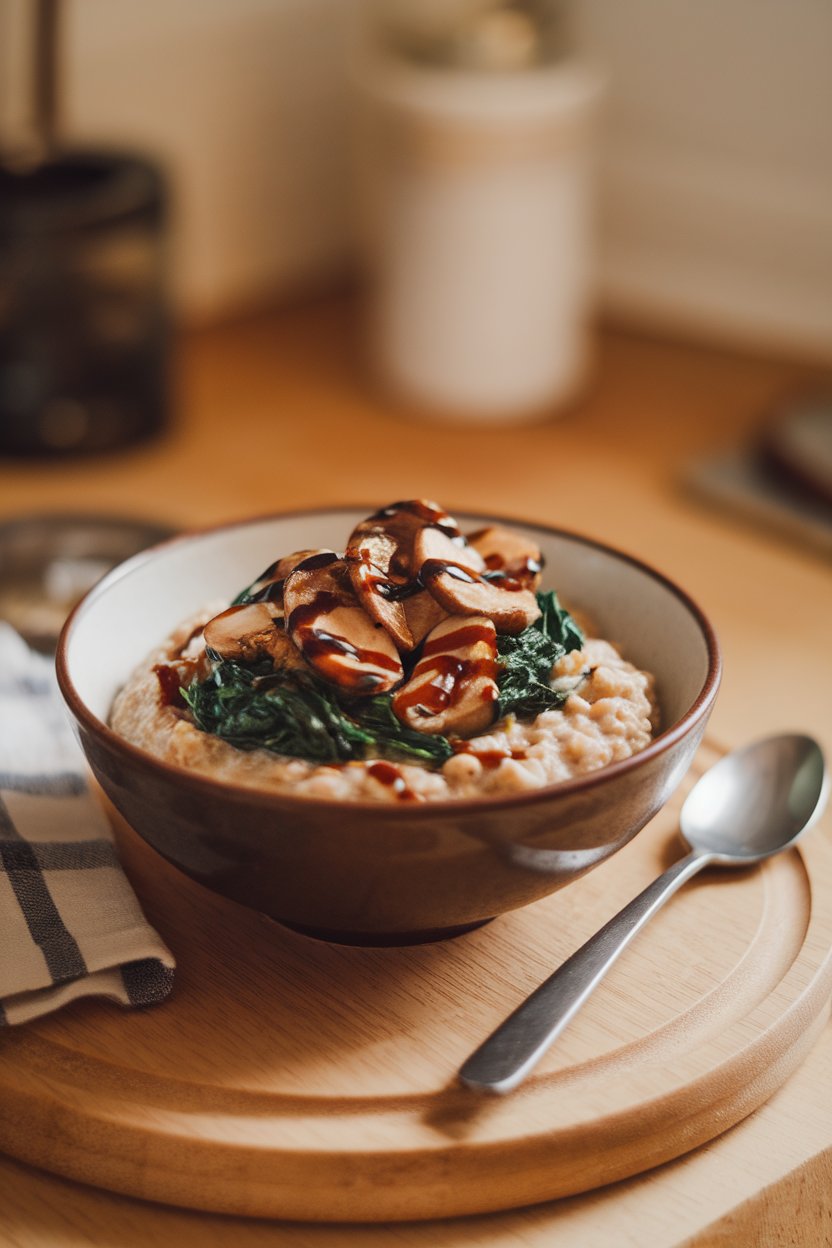 Indoor photo of a bowl of steel-cut oats topped with sautéed mushrooms, spinach, and a drizzle of soy sauce. No text or logos.