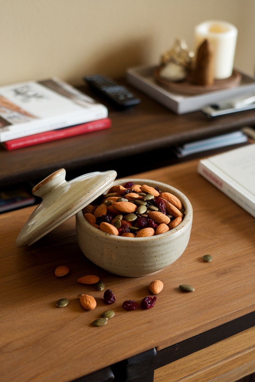 Indoor photo of a bowl of roasted almonds mixed with dried cranberries and pumpkin seeds on a coffee table. No text or logos.