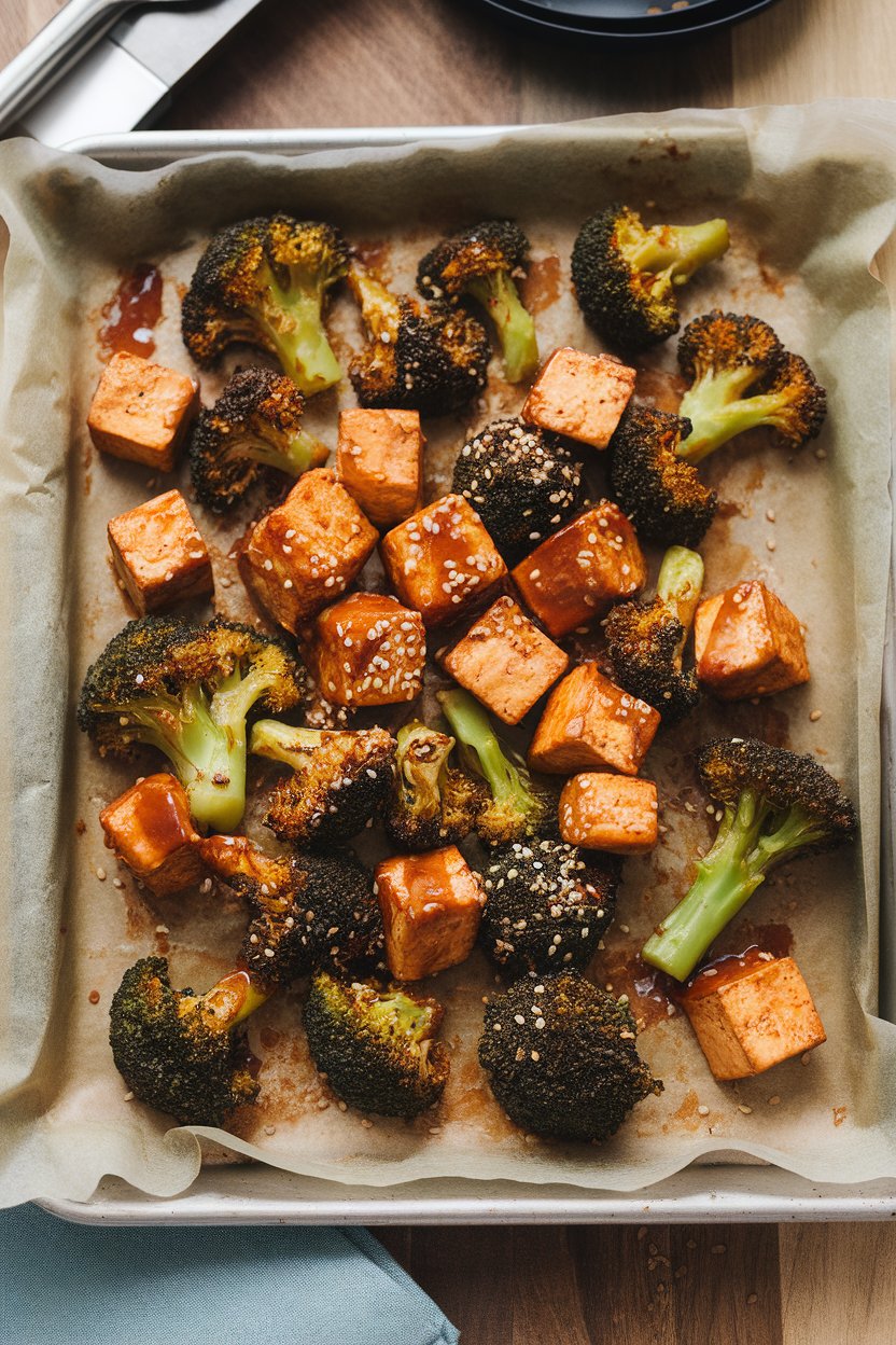 Indoor photo of a parchment-lined sheet pan featuring roasted tofu cubes and broccoli florets glazed with sweet chili sauce, sesame seeds sprinkled on top. No text or logos.