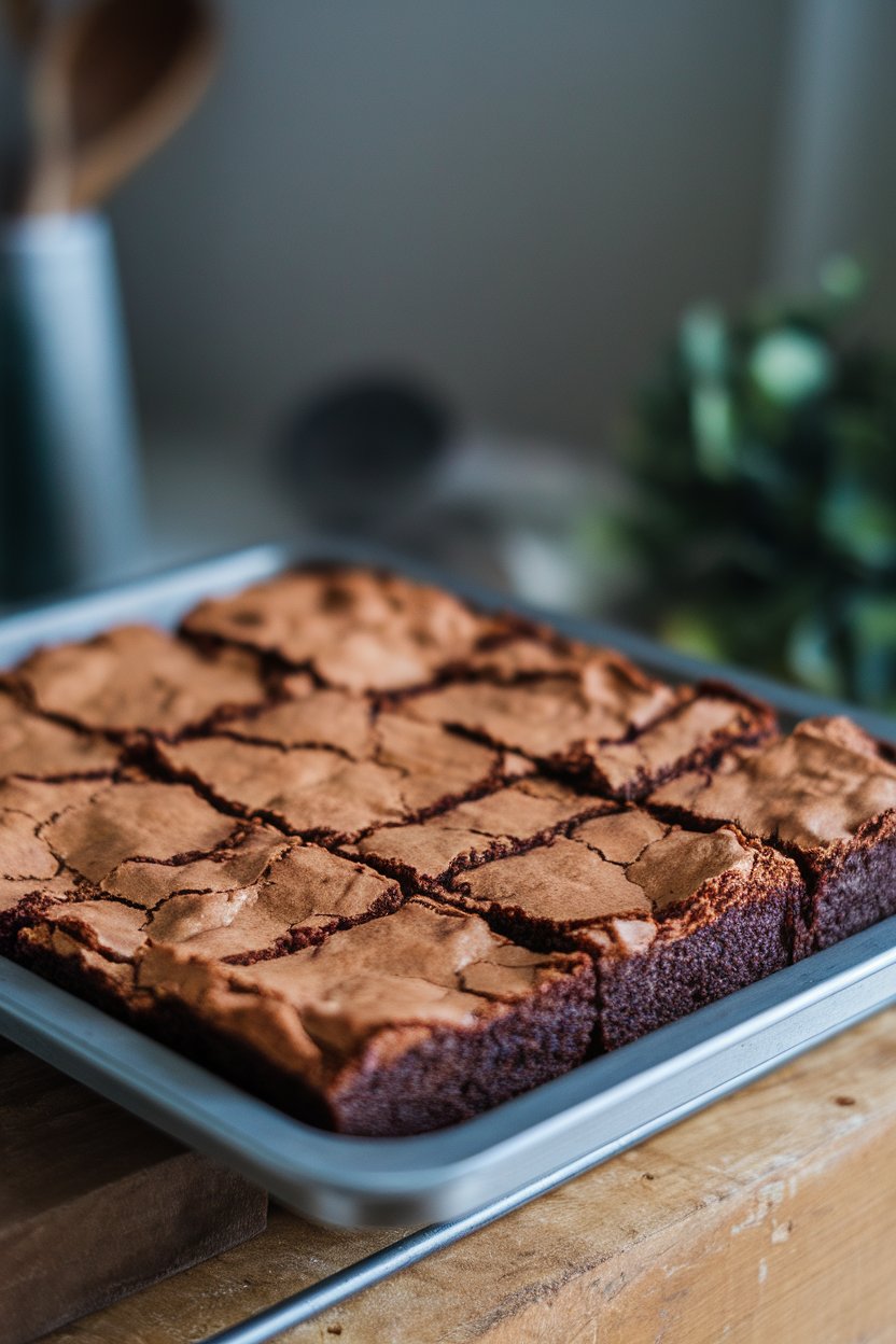 Indoor photo of fudgy brownies cut into squares, crackly tops visible; no text or logos.