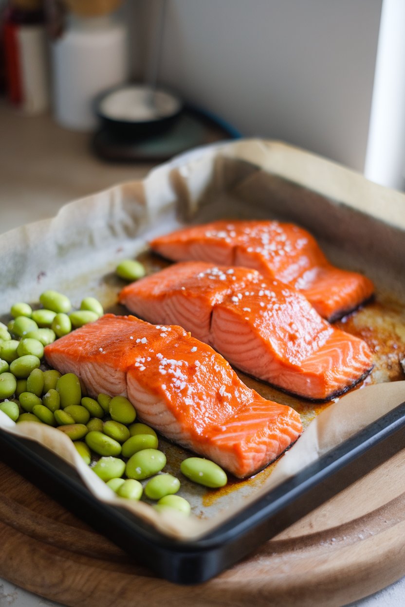Parchment-lined pan indoors showing sweet-chili glazed salmon fillets with shelled edamame scattered around. No logos or text.