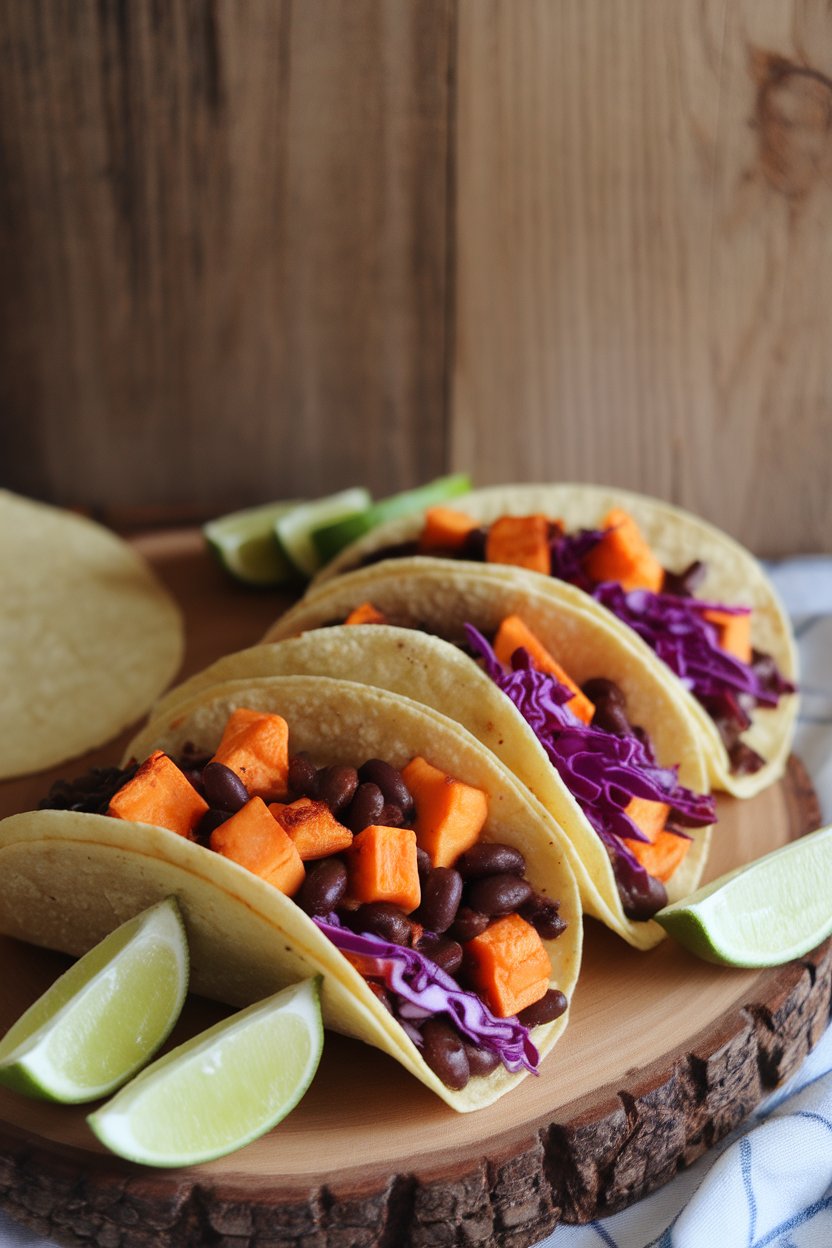 An indoor taco setup showing corn tortillas filled with roasted sweet potato cubes, black beans, and shredded red cabbage. No visible text or branding.