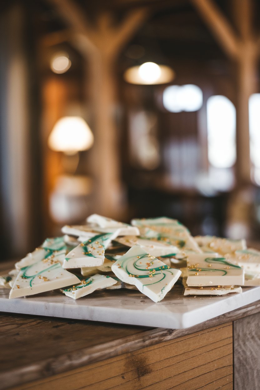 An indoor marble slab covered in broken pieces of white chocolate bark streaked with green swirls and gold sprinkles, no text or logos. Photo only.