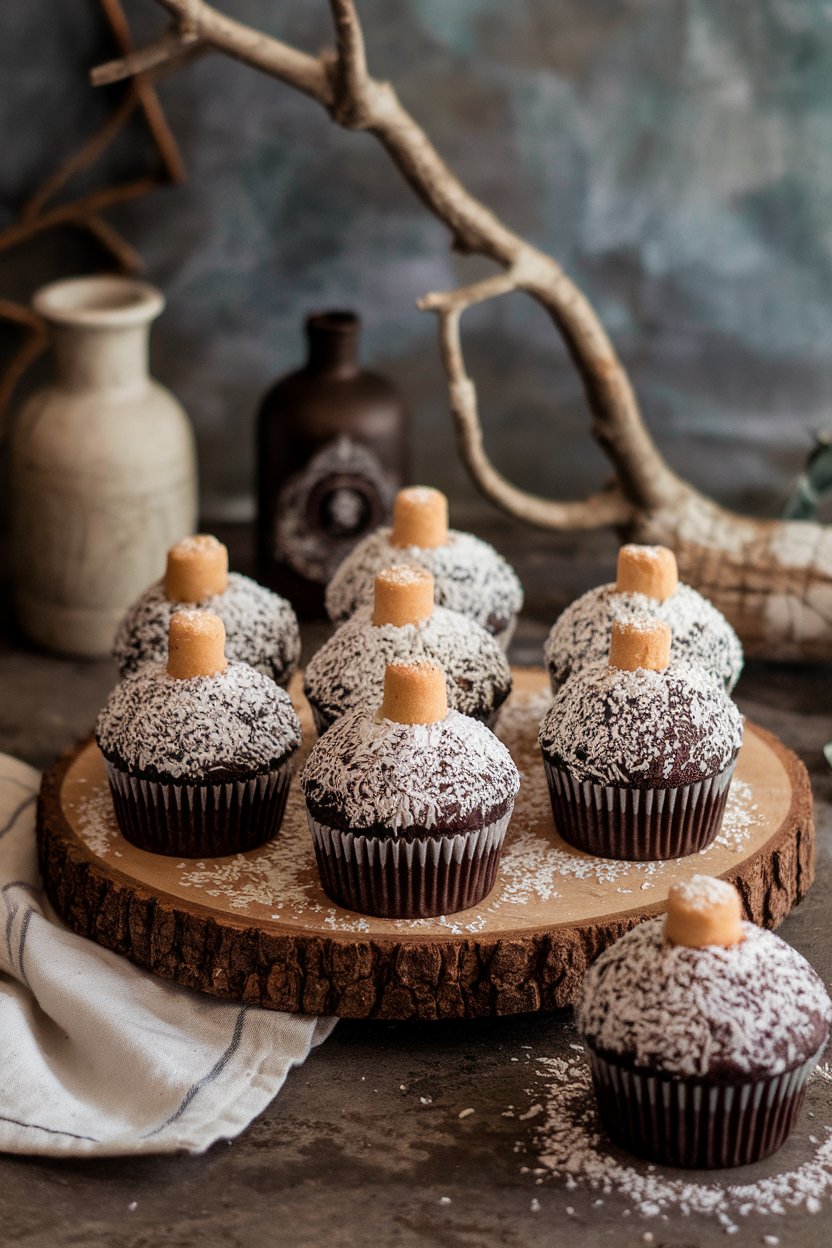 Photo of chocolate cupcakes rolled in shredded coconut to resemble Zulu coconuts, indoor, no text or logos