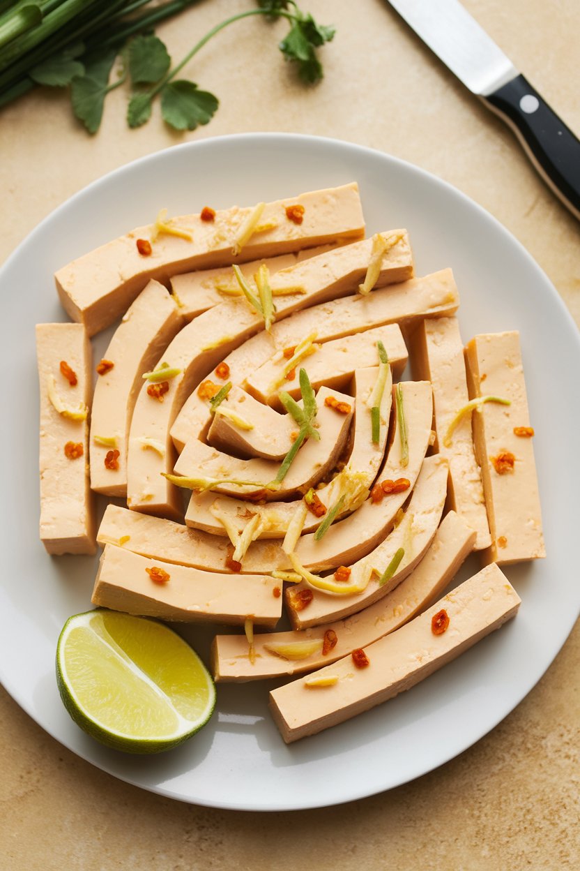 Photo prompt: Indoor plate with tofu strips flecked with minced lemongrass and chili, a lime wedge nearby. No text or logos.