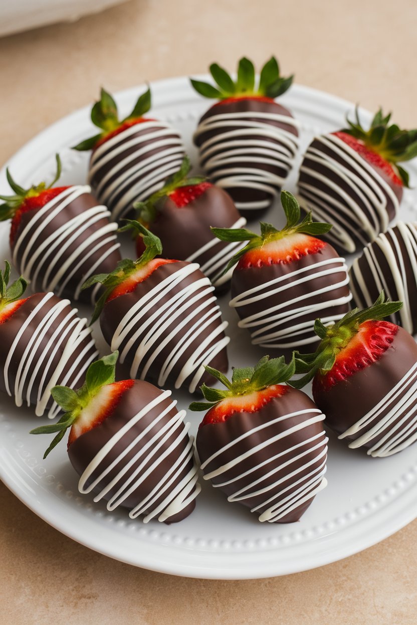 Indoor plate of glossy chocolate-dipped strawberries with a light drizzle of white chocolate, no text or logos. Photo only.