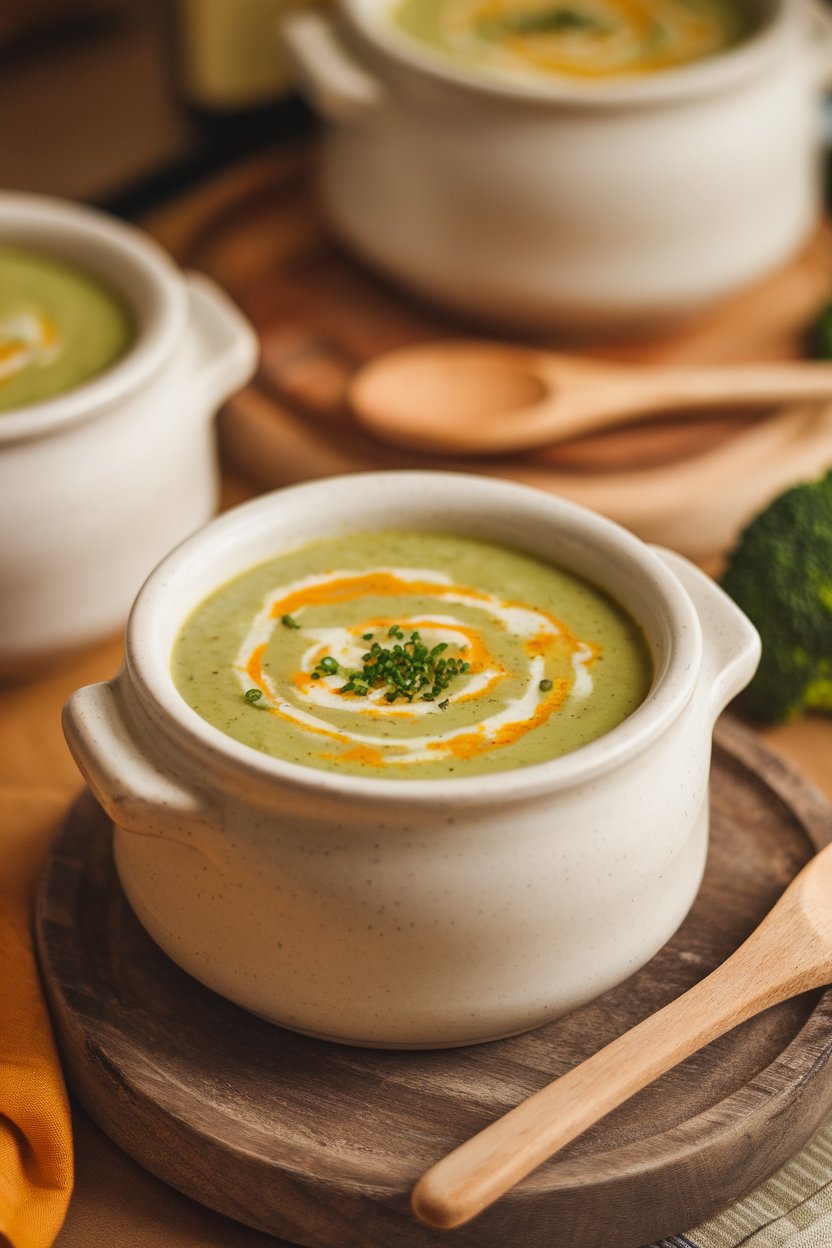 Indoor photo featuring a creamy green broccoli soup with melted cheddar swirls, served in a small soup crock under warm light; no logos or text.