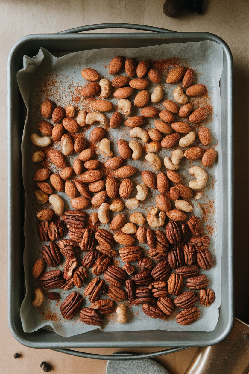 Indoor photo of a metal baking pan with roasted almonds, cashews, and pecans coated in reddish spices, cooling on parchment; no text or logos