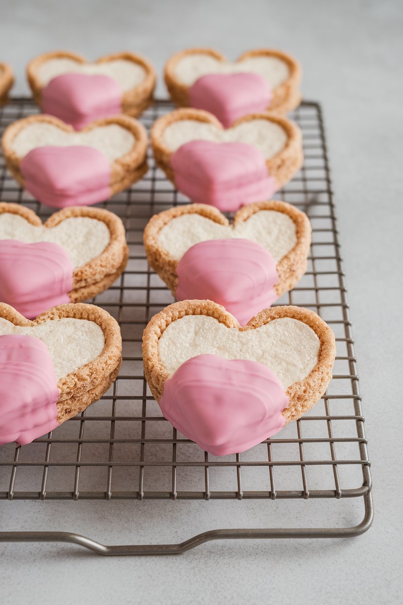 Marshmallow cereal treats cut into hearts and dipped in pink chocolate, lined up on an indoor wire rack. No branding.