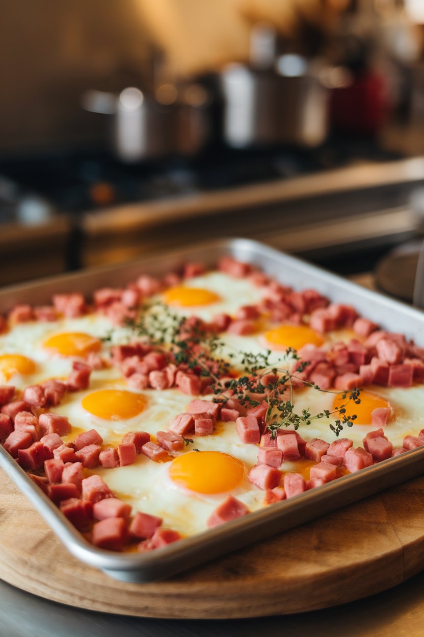 A warmly lit indoor image of a sheet pan layered with diced ham, melted Swiss cheese, and baked eggs cut into rectangles. No text or logos.