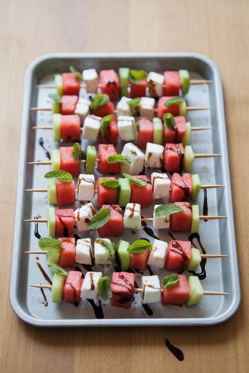 An indoor tray of small skewers alternating watermelon cubes, feta cubes, and mint leaves, light drizzle of balsamic reduction. No text or logos. Photo, not illustration.