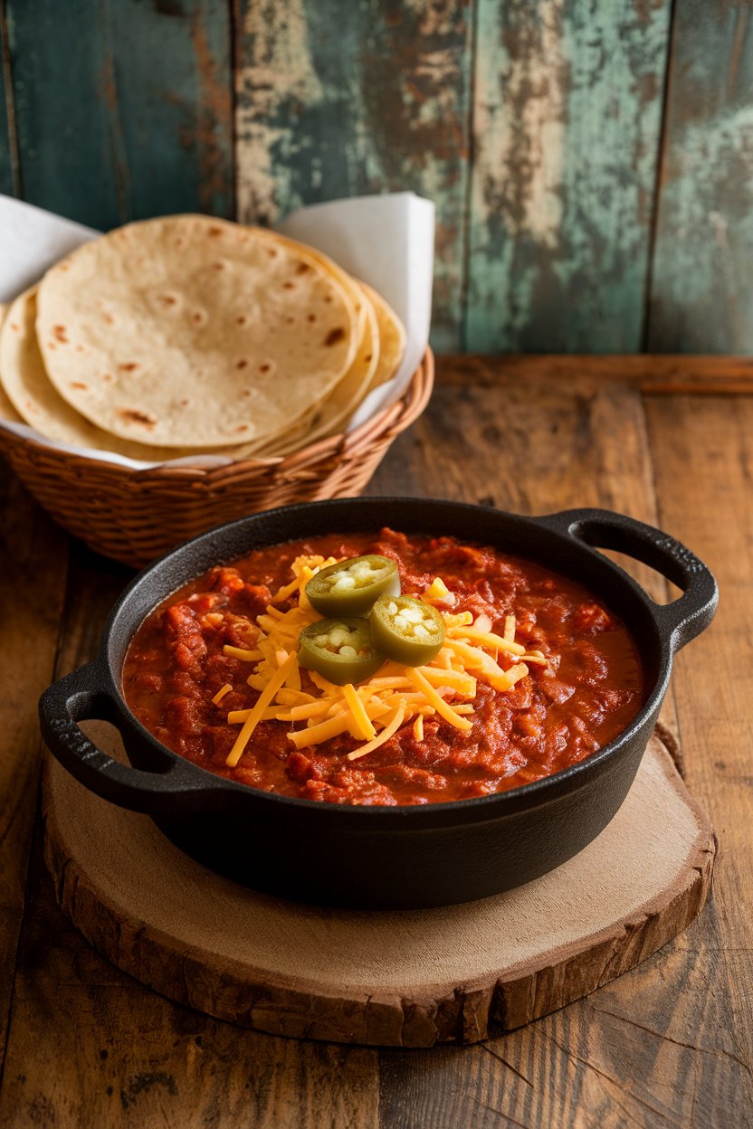 An indoor table with a cast-iron bowl of ranchero chili, topped with shredded Monterey Jack and pickled jalapeños. No text or logos.