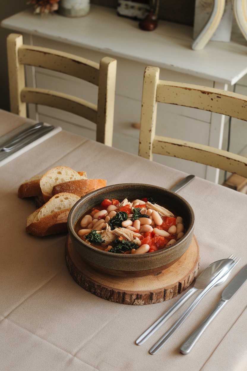 An indoor dining table with a rustic bowl of hearty stew containing white beans, shredded chicken, diced tomatoes, and kale; no text or logos; photo.