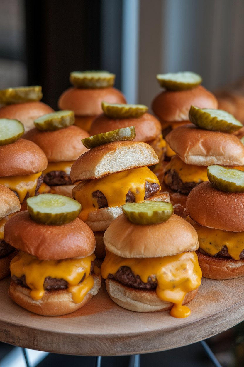 A platter indoors with several mini burgers, melted cheddar dripping down the sides, pickles peeking out beneath toasted buns. No branding or text present.