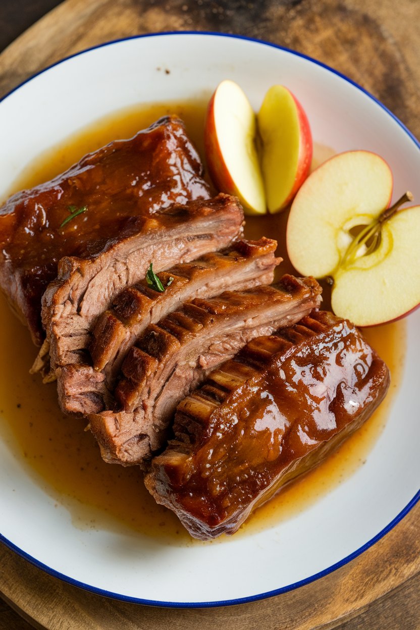 Indoor photo of glazed short ribs in a light apple cider sauce, apple slices on the plate; no text or logos