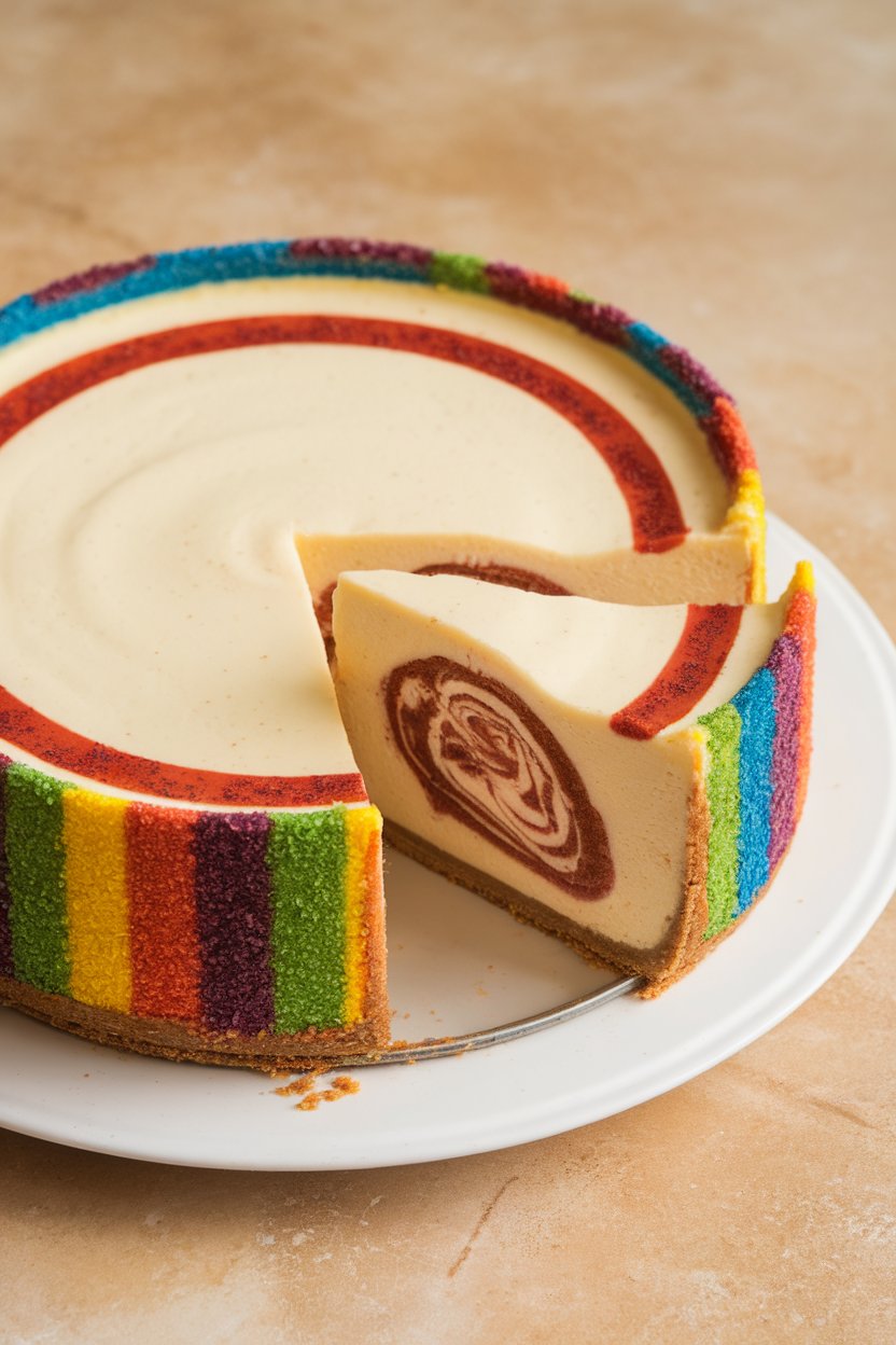 Indoor photo of a cheesecake topped with colored sugar stripes; slice removed showing cinnamon-swirl center; no text or logos.