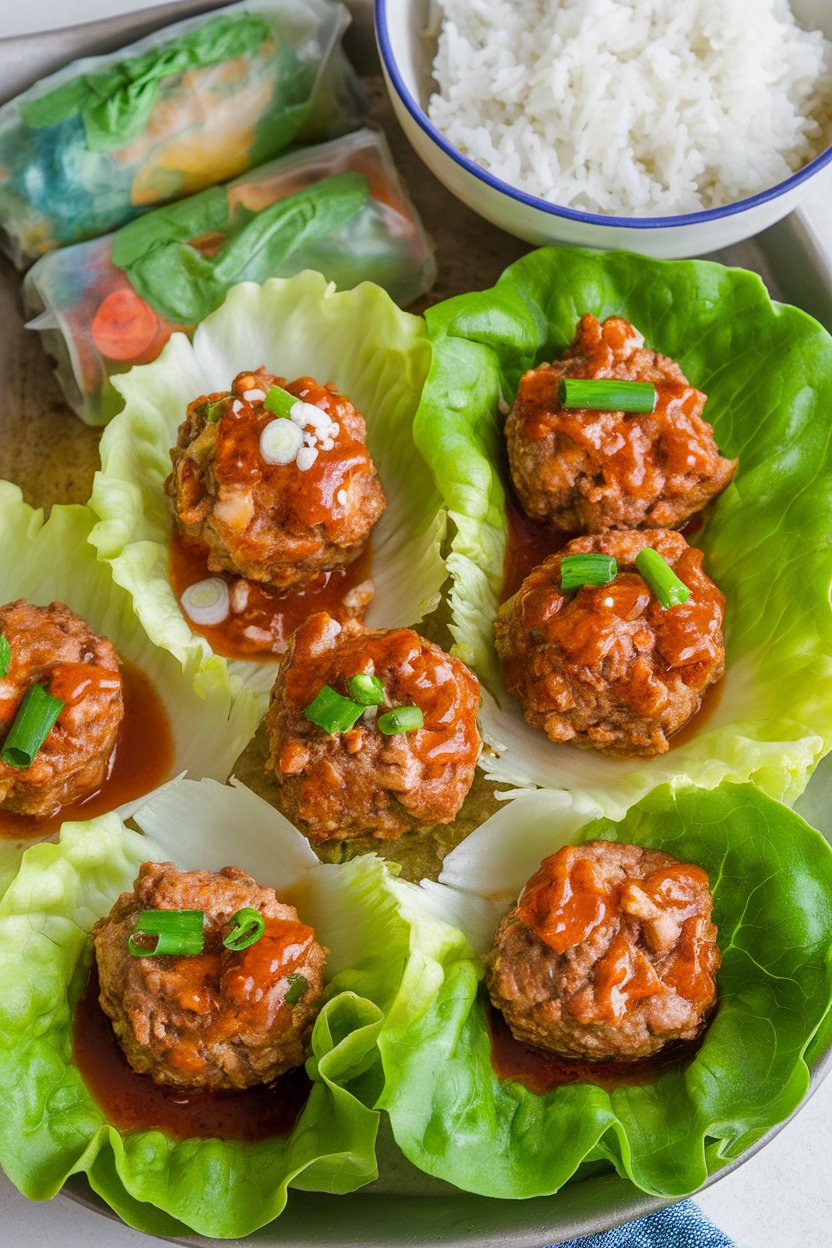 An indoor platter with small butter lettuce cups each holding an Asian-style meatball drizzled with sweet chili sauce—no text or logos. Photo, not illustration.