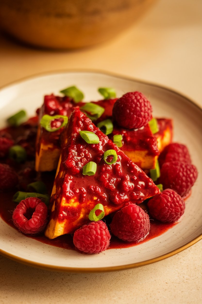 Photo prompt: Indoor plate showing tofu triangles glazed in deep red raspberry-chipotle sauce, fresh raspberries beside. No text or logos.