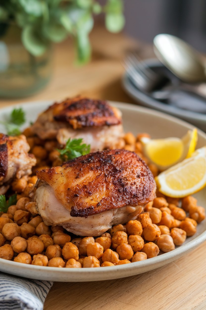 An indoor dinner plate showcasing bone-in chicken thighs with crispy skin atop spiced chickpeas, lemon wedges on side. No text or logos.