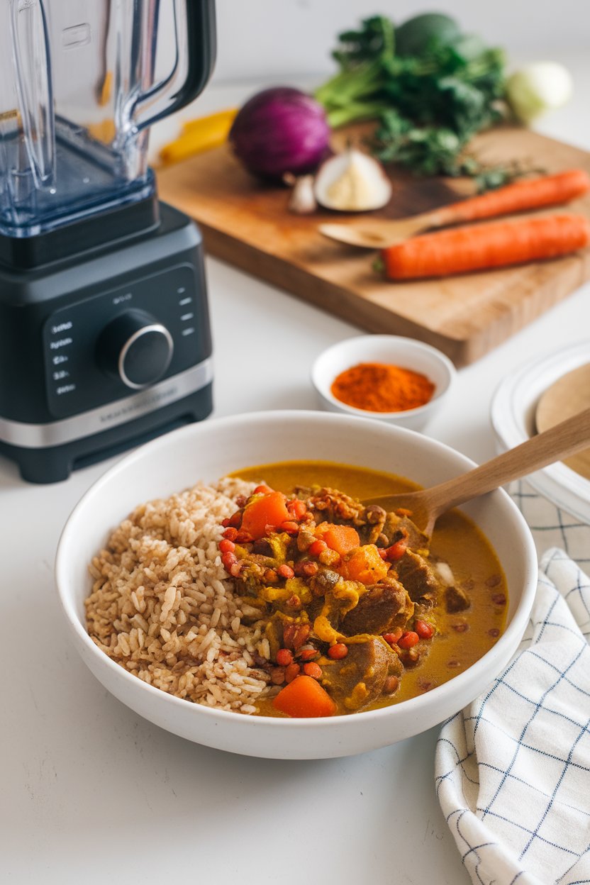Indoor healthy kitchen scene with a bowl of golden turmeric-infused beef stew featuring red lentils and carrots. No text or logos. Photo.