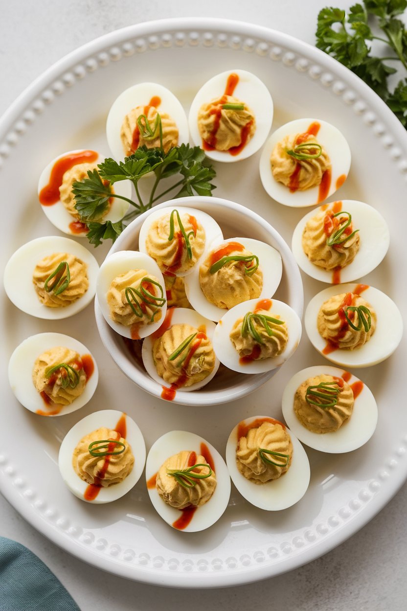 Indoor photo of deviled egg halves topped with a drizzle of Sriracha and sliced chives on a white platter. No text or logos.