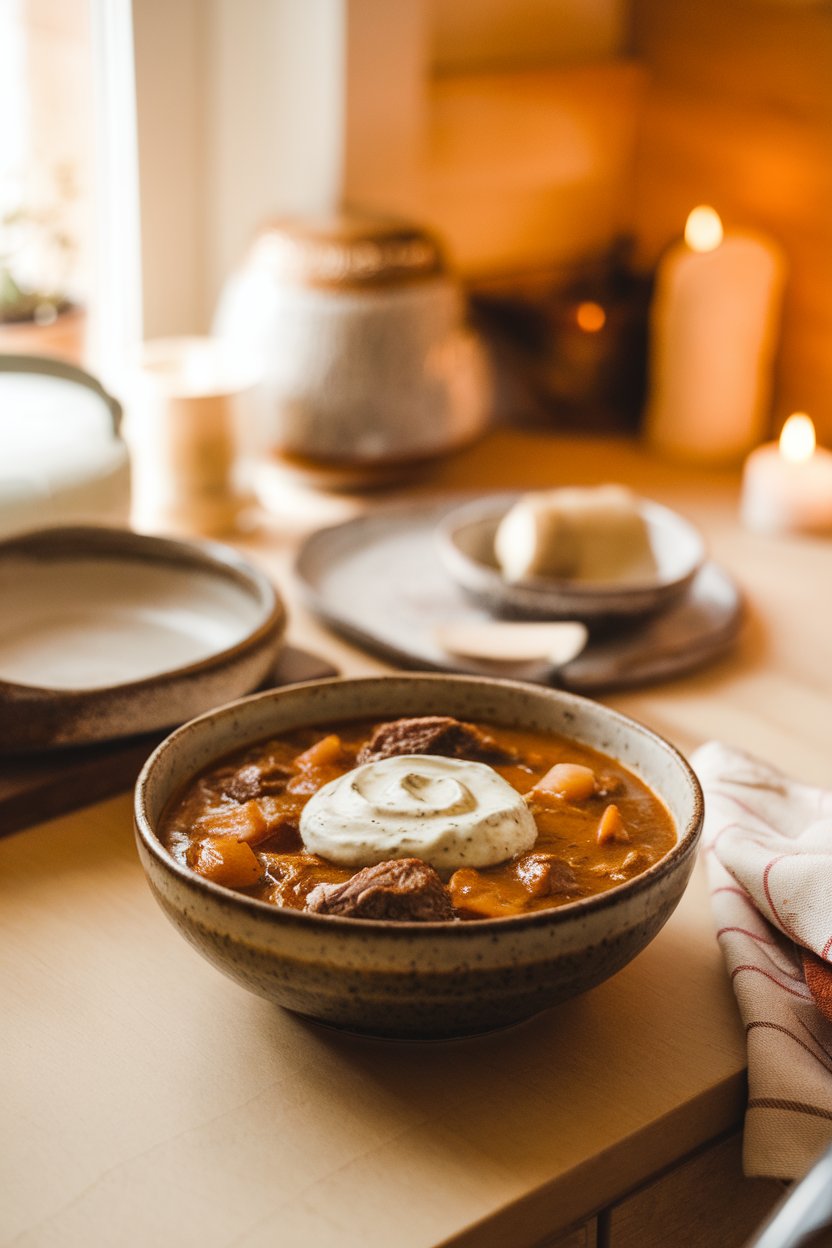 Warm indoor counter with a bowl of beef stew highlighted by a swirl of creamy horseradish sauce on top. No text or logos. Photo.
