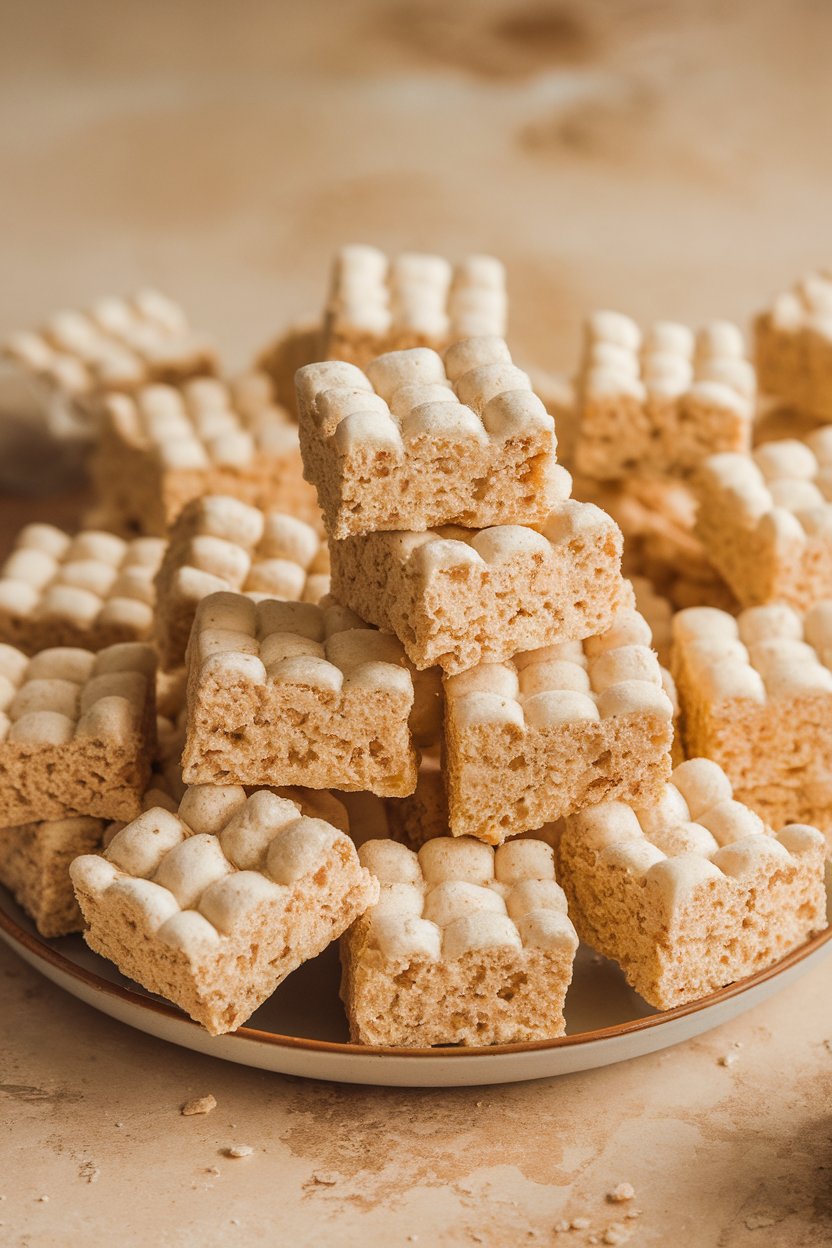 Indoor photo of square marshmallow cereal treats stacked high on a plate; no text or logos.