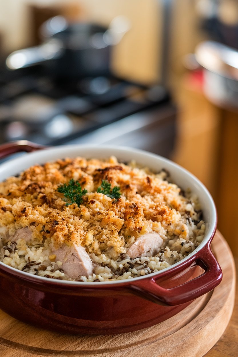 Indoor photo of a ceramic casserole filled with creamy chicken and wild rice, topped with lightly browned breadcrumbs and parsley. Warm overhead lighting highlights the rich texture; no text or logos are visible.