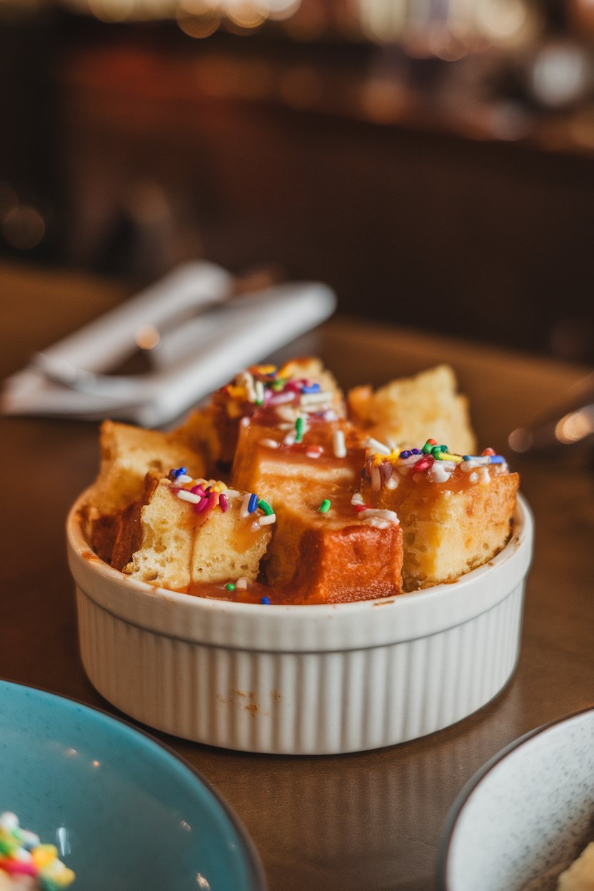 An indoor restaurant table featuring a warm ramekin of bread pudding made from king cake cubes, glazed with rum sauce and sprinkles. No text or logos. Photo.