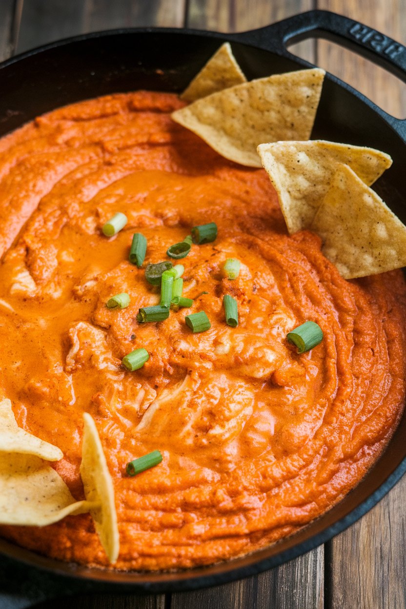 Indoor photo of a cast-iron skillet filled with bubbling Buffalo chicken dip, a few tortilla chips stuck in for effect. No text or logos.