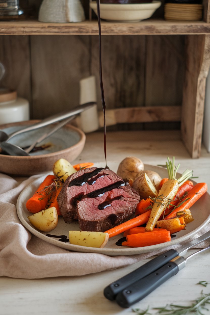 Cozy indoor tabletop featuring sliced beef drizzled with glossy balsamic reduction, accompanied by roasted root vegetables. No logos, no text.