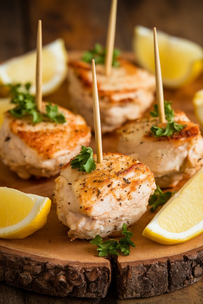 Indoor photo of skillet-seared lemon pepper chicken bites with parsley garnish, toothpicks inserted. No text or logos.