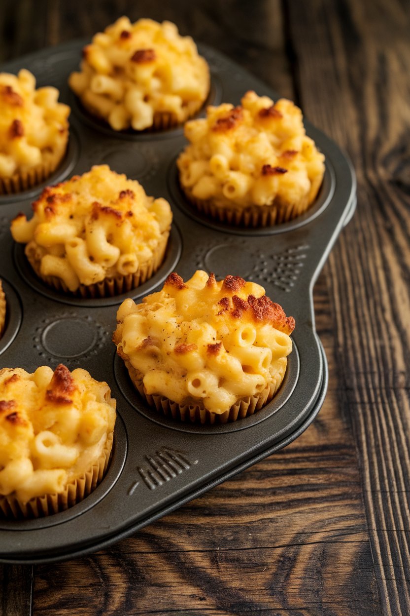 Indoor photo of individual mac and cheese muffins in a muffin tin, tops browned and crispy; no text or logos