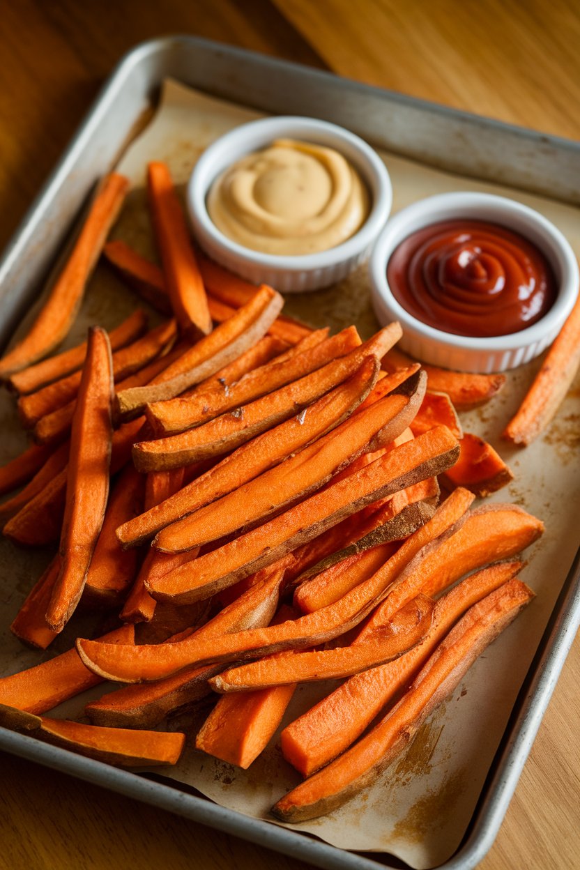 Indoor photo of a sheet pan piled with roasted sweet potato fries and trio of dipping sauces—chipotle mayo, honey mustard, and ketchup. No text or logos.