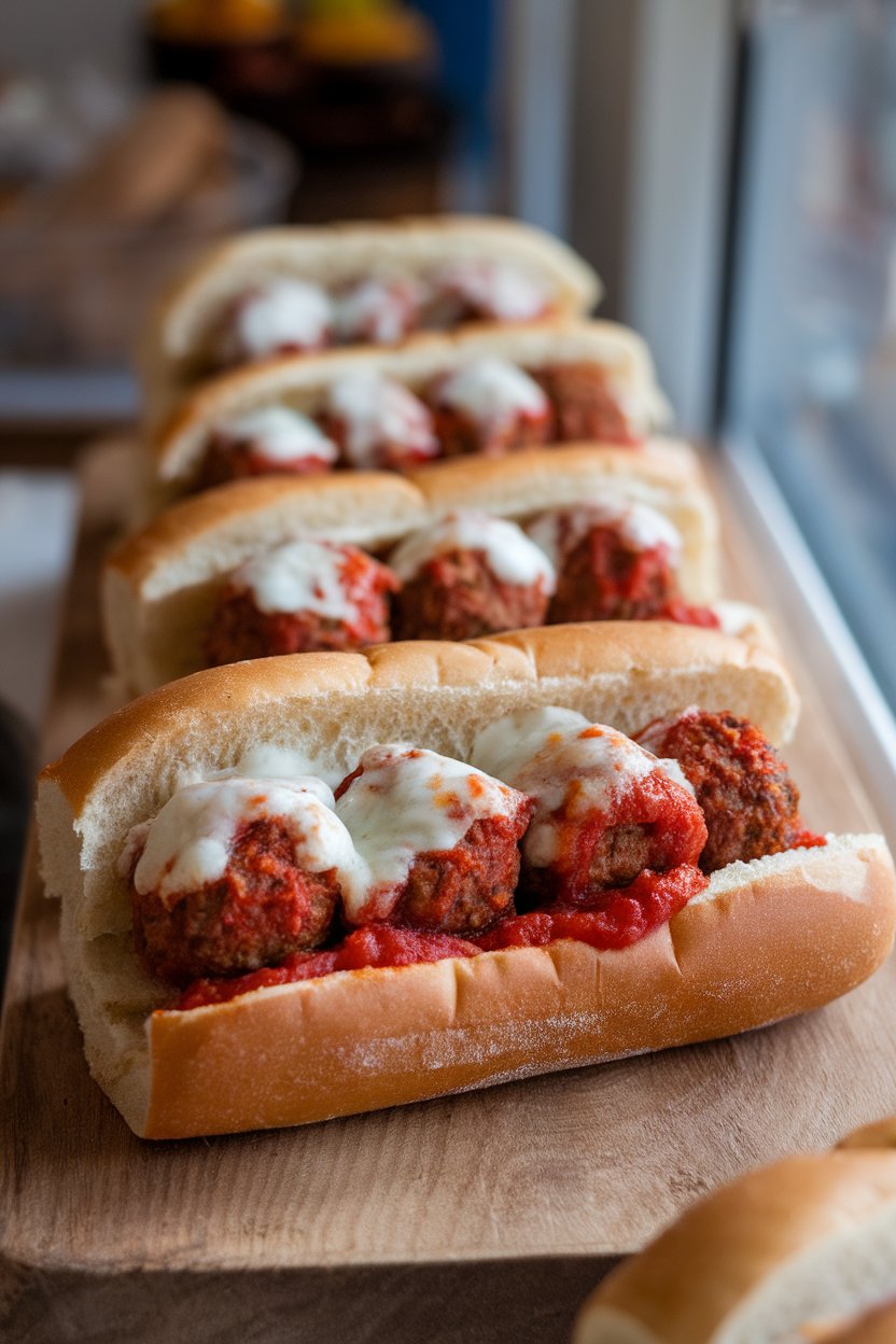 Photo of a row of meatball subs in soft rolls indoors, marinara and melted mozzarella visible, no text or logos